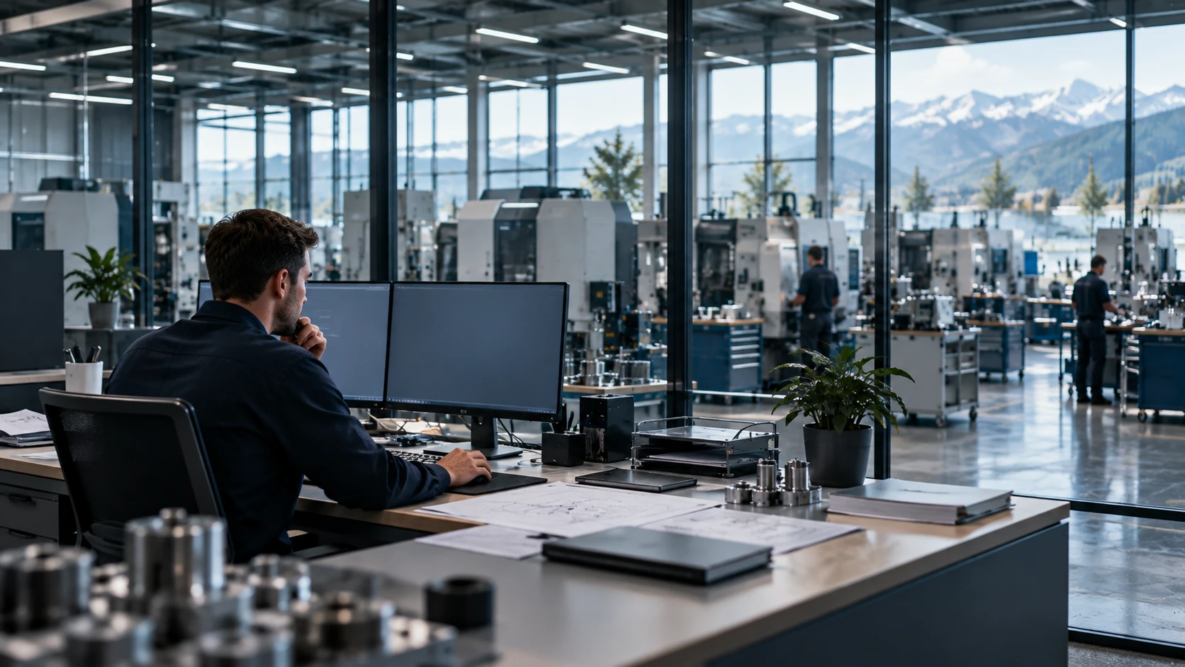 Mitarbeiter am Arbeitsplatz, dahinter die angrenzende Produktionshalle mit CNC-Maschinen