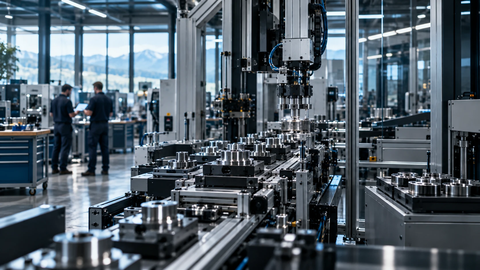 Automatisierte Fertigungslinie in einer Schweizer Produktionshalle, zwei Mitarbeiter im Hintergrund
