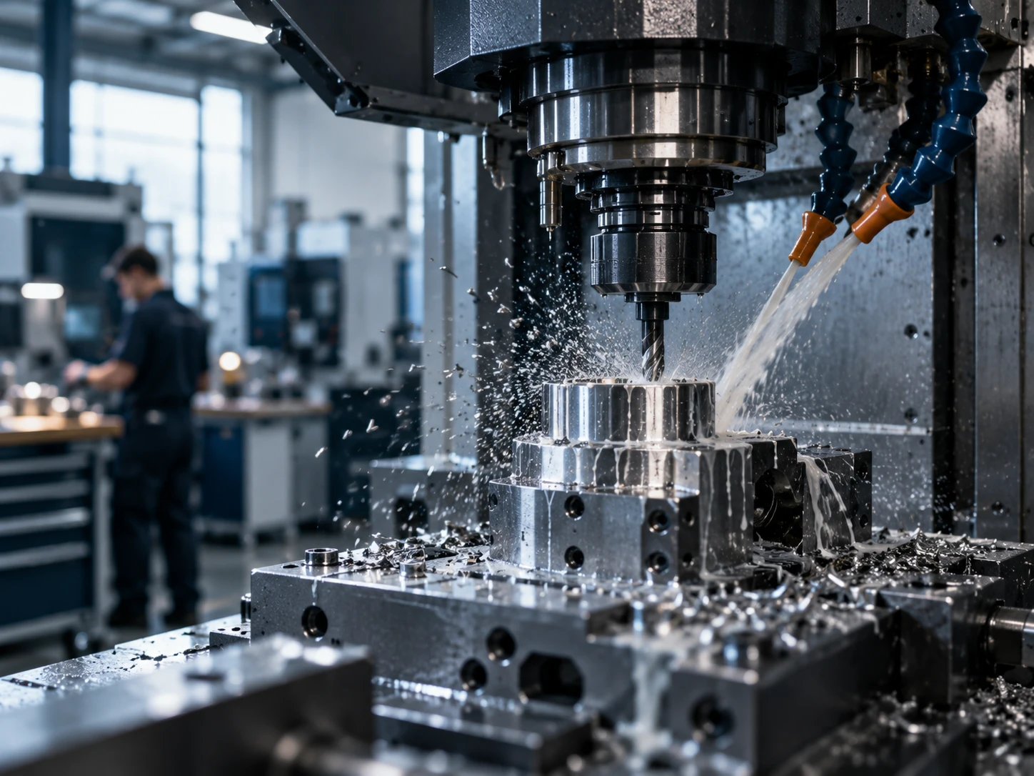 CNC-Fräser bearbeitet ein Metallbauteil unter Kühlmittelstrahl