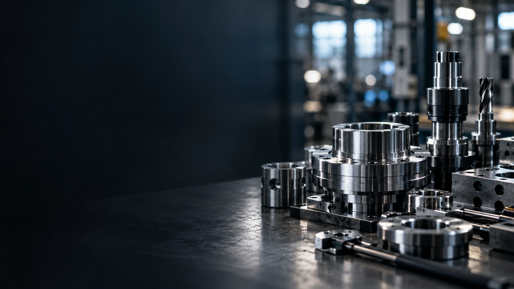 Präzisionsgefertigte Metallbauteile und Werkzeuge auf einer Werkbank